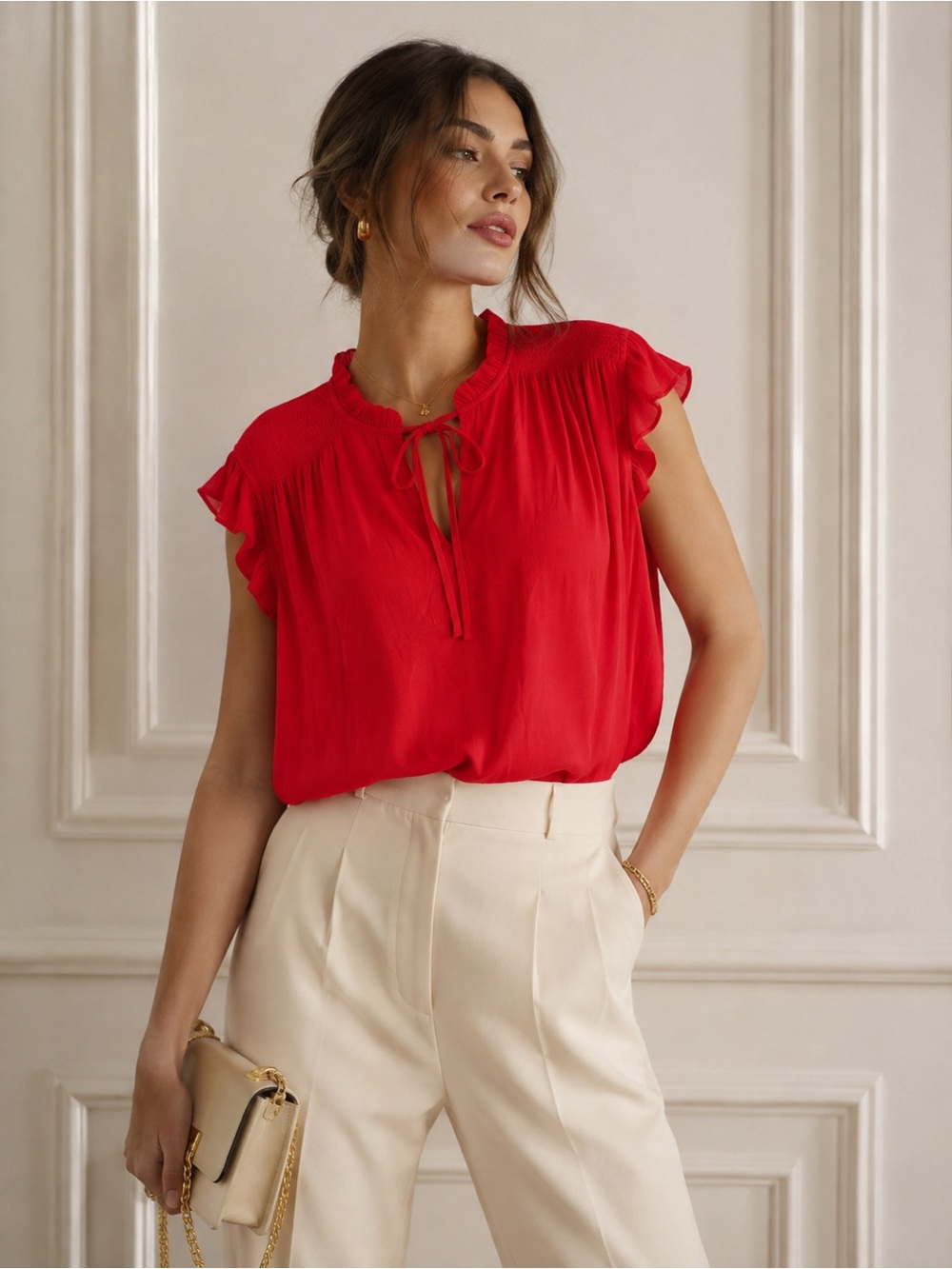 HAVER 3X NWT Red Ruffle Tie Neck Flutter Sleeve Blouse